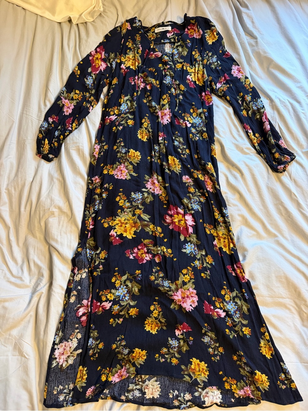 NATURAL LIFE Navy Floral Long Sleeve Maxi Dress with Pink & Yellow Blooms